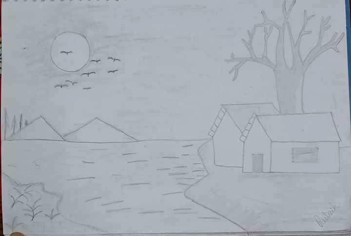 How to Draw Nature Scenery of Waterfall Sunset and Houses