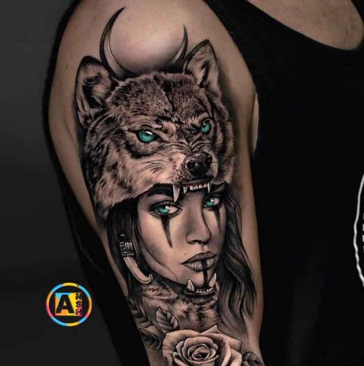 Grey Ink Wolf Girl Tattoo On Half Sleeve by Todo