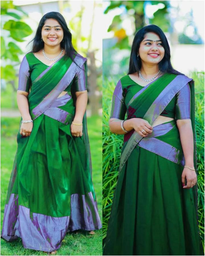 Woven Design Green Half Saree Traditional South Indian Style, Wedding Wear,  With blouse piece