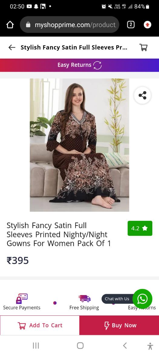 Stylish Fancy Satin Full Sleeves Printed Nighty/Night Gowns For
