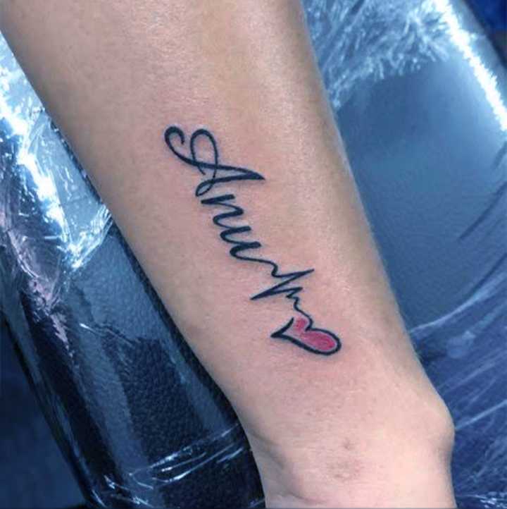 Raj name tattoo  name tattoo with heartbeat  heartbeat name tattoo    Heartbeat tattoo with name Name tattoo Name tattoos